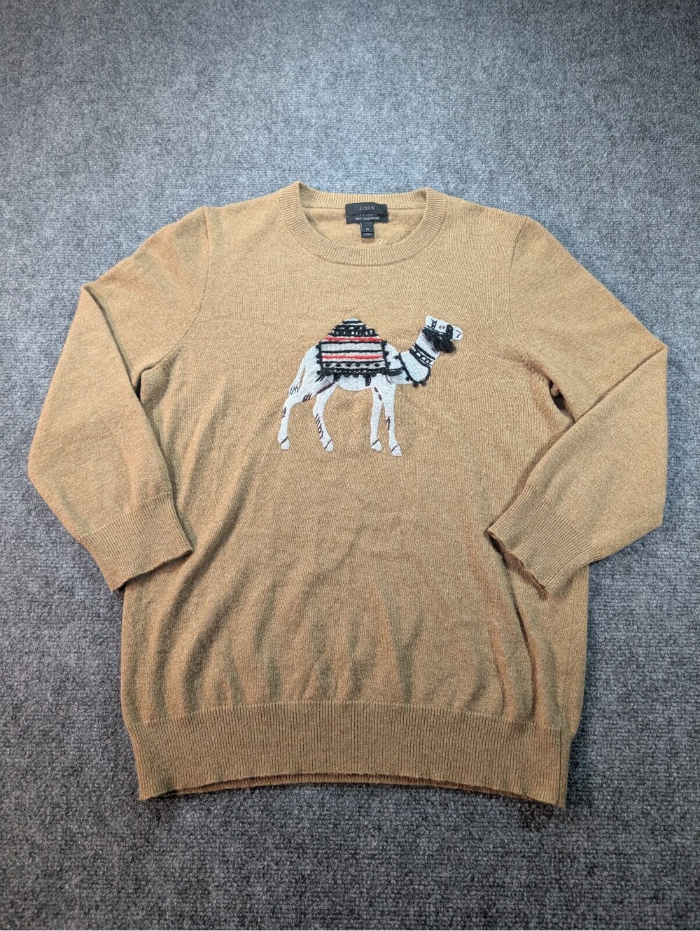 J.Crew Wool Cashmere Sweater Embroidered Camel Womens Medium Quiet Luxury